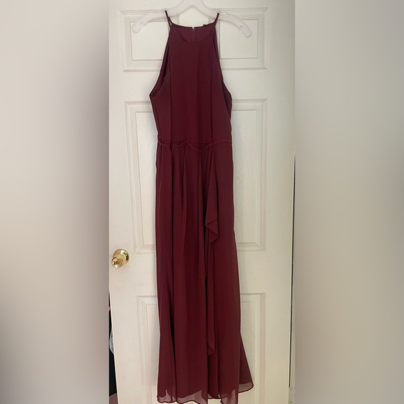 Wine Colored David’s Bridal Dress high-neck chiffon dress with cascade - Picture 4 of 8